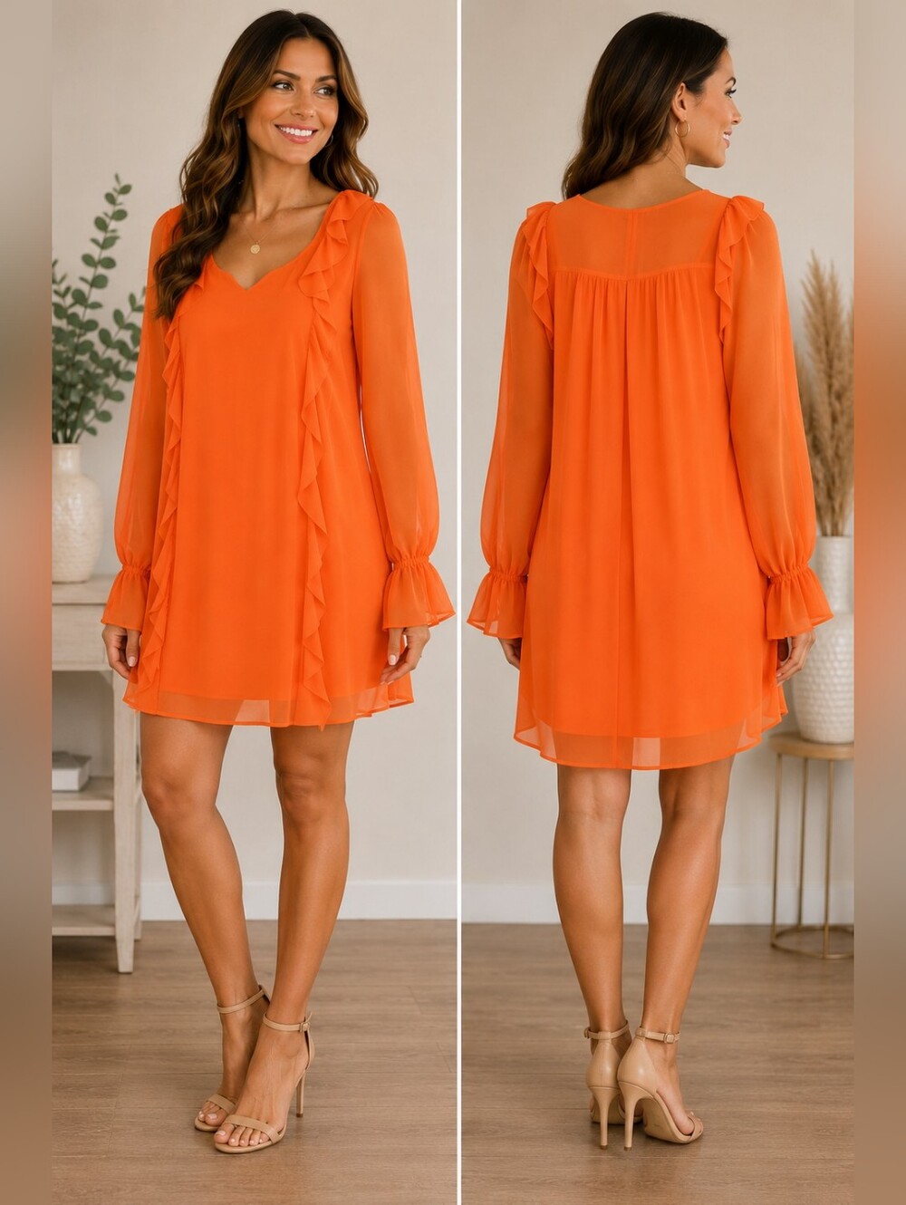 DKNY Bright Orange Ruffle Long-Sleeve Mini Dress Size 8